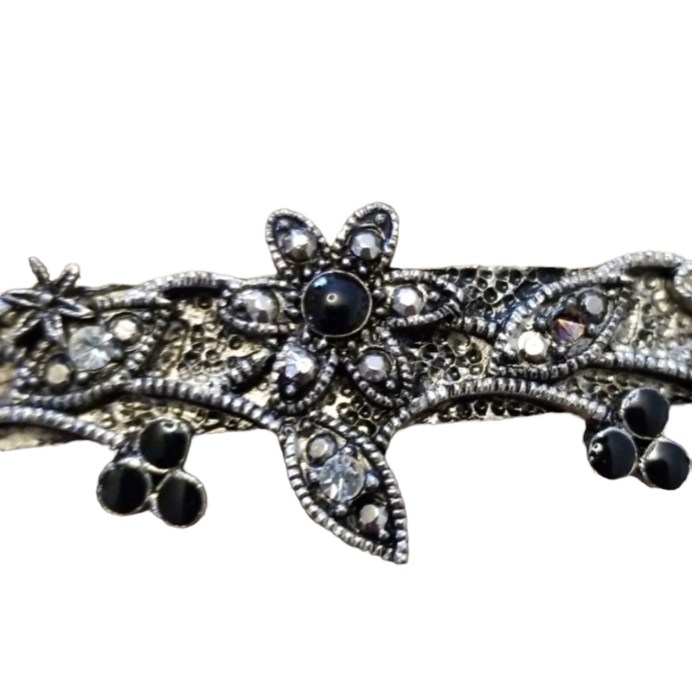 Vintage hair clip, silver, flower and leaf, clear and black crystals, 4”, updo - Picture 2 of 5